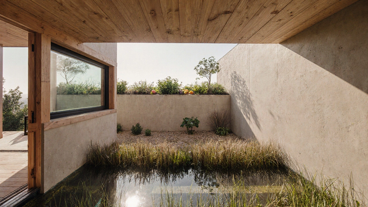 Interior of a sustainable home showing wooden joinery, clay walls, and a visible living water filtration system.