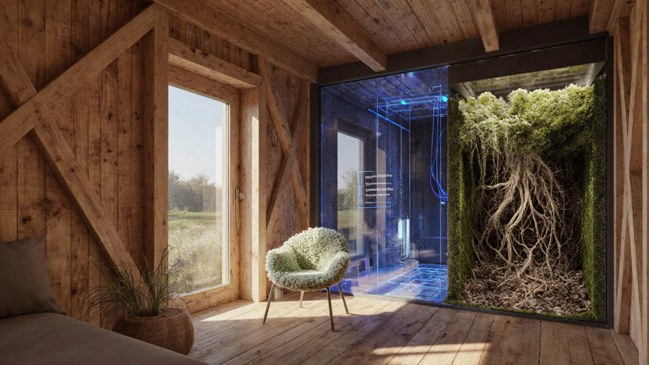 Interior view revealing advanced sustainable systems: timber walls, water filtration, and mycelium furniture in warm earth tones.