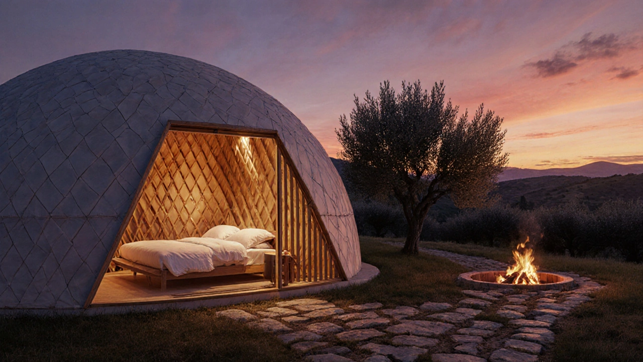 Minimalist Scandinavian dome in Tuscany at sunset with clawfoot tub and fire pit.