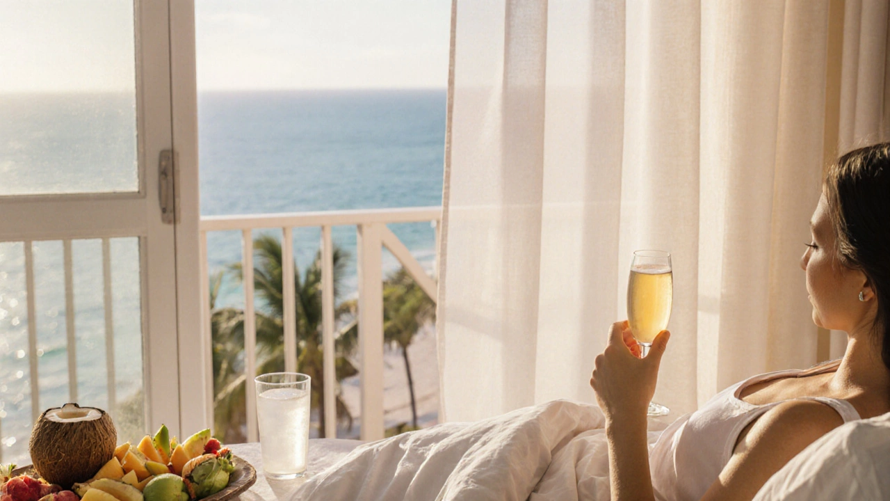 Morning balcony scene with mimosa, coconut water, and fruit platter in soft sunlight.
