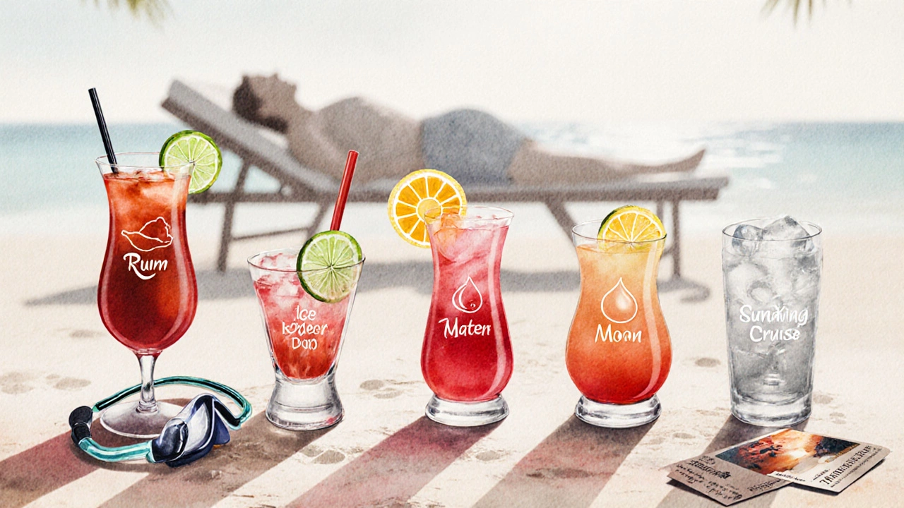 Six fading cocktail glasses symbolizing a day&#039;s drinking, with a sleeping figure on a beach.
