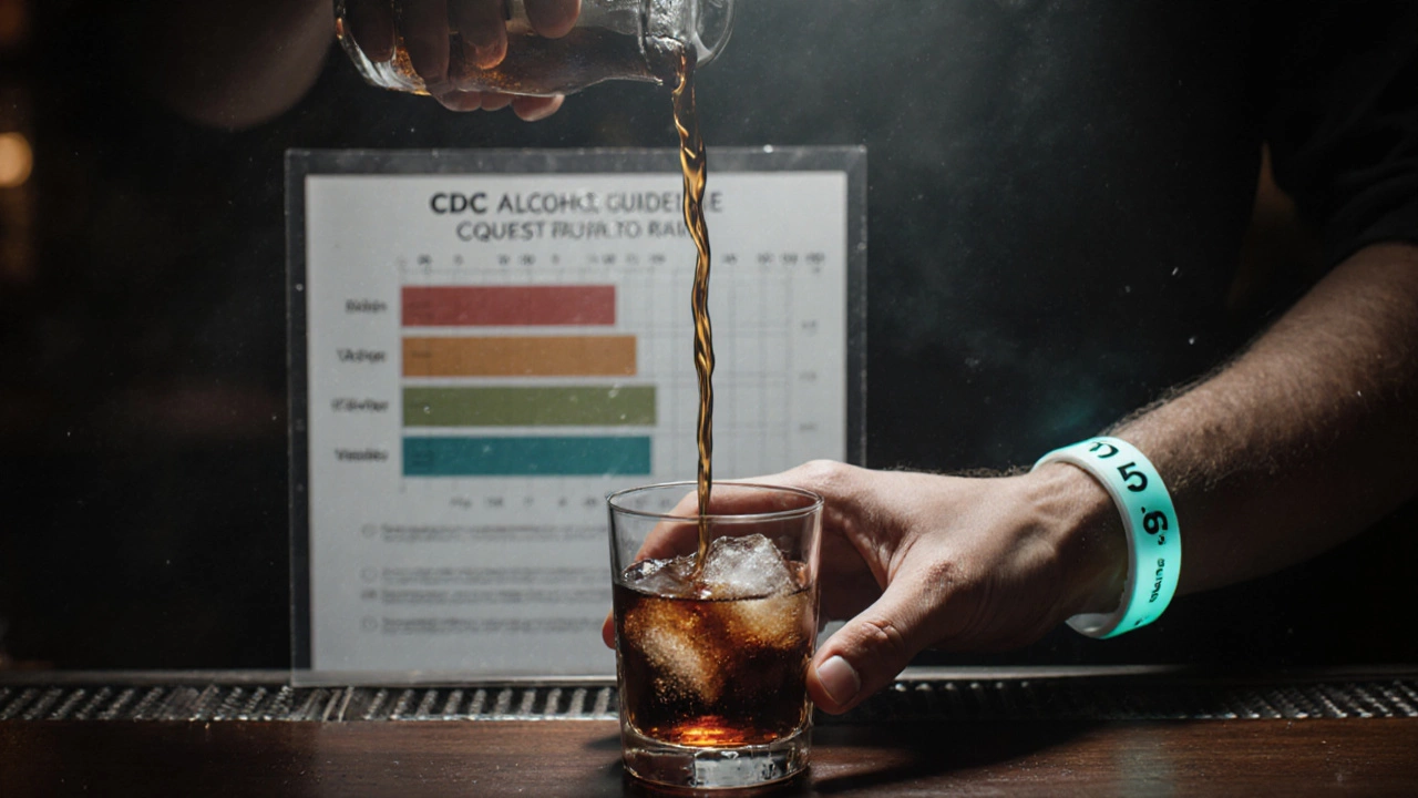 Slow pour of rum into a cola drink with faint CDC alcohol guideline overlay.