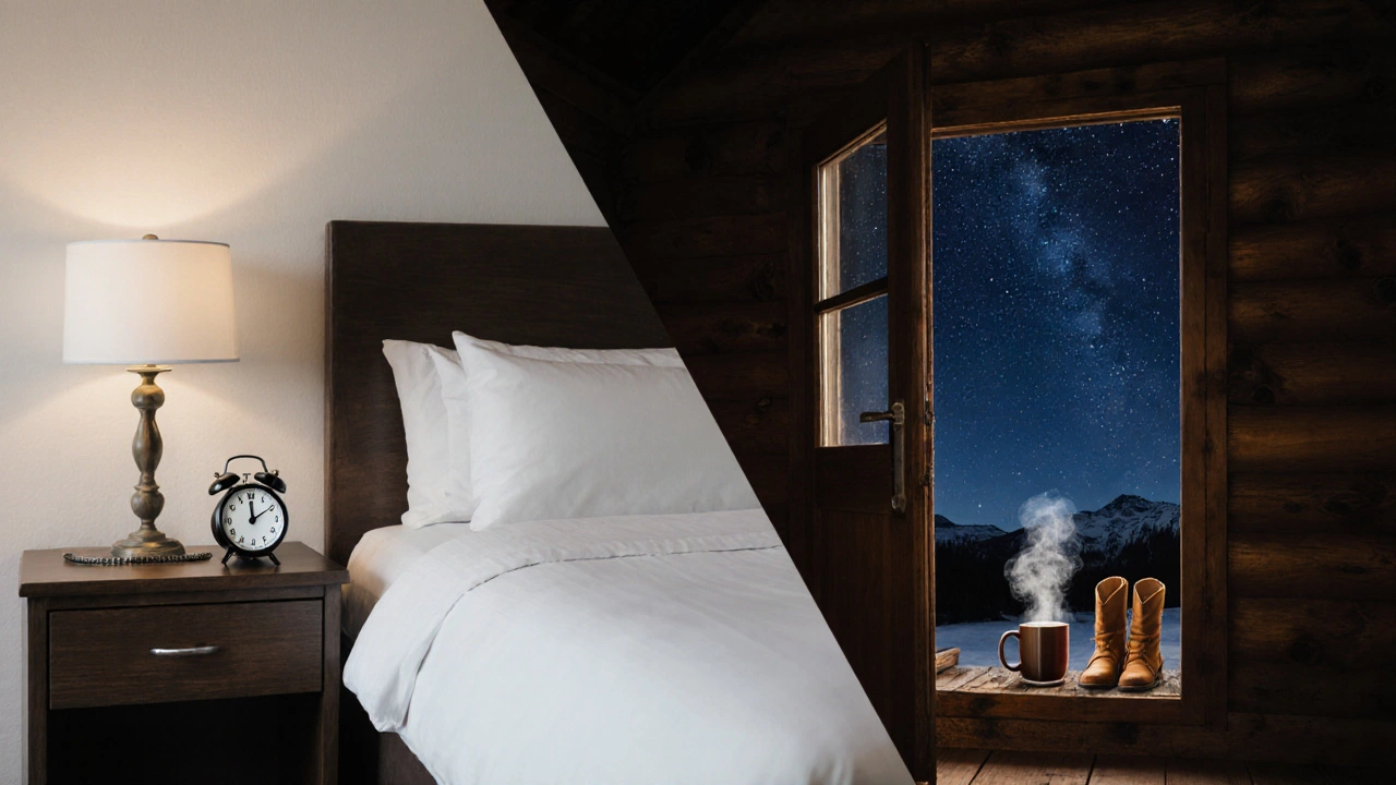 Split image contrasting a busy hotel room with a peaceful cabin under the stars.