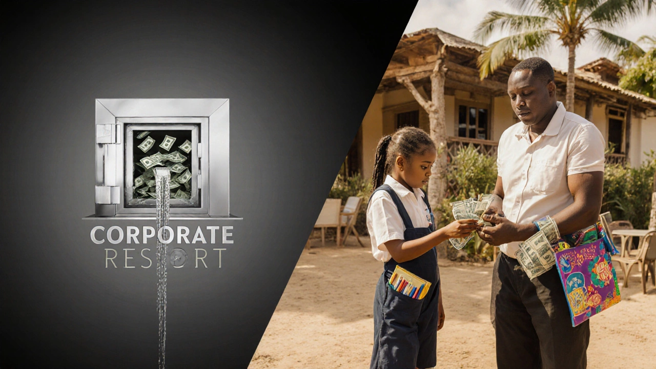 Split image: corporate money vault vs. staff receiving tips with children&#039;s drawings in pockets.