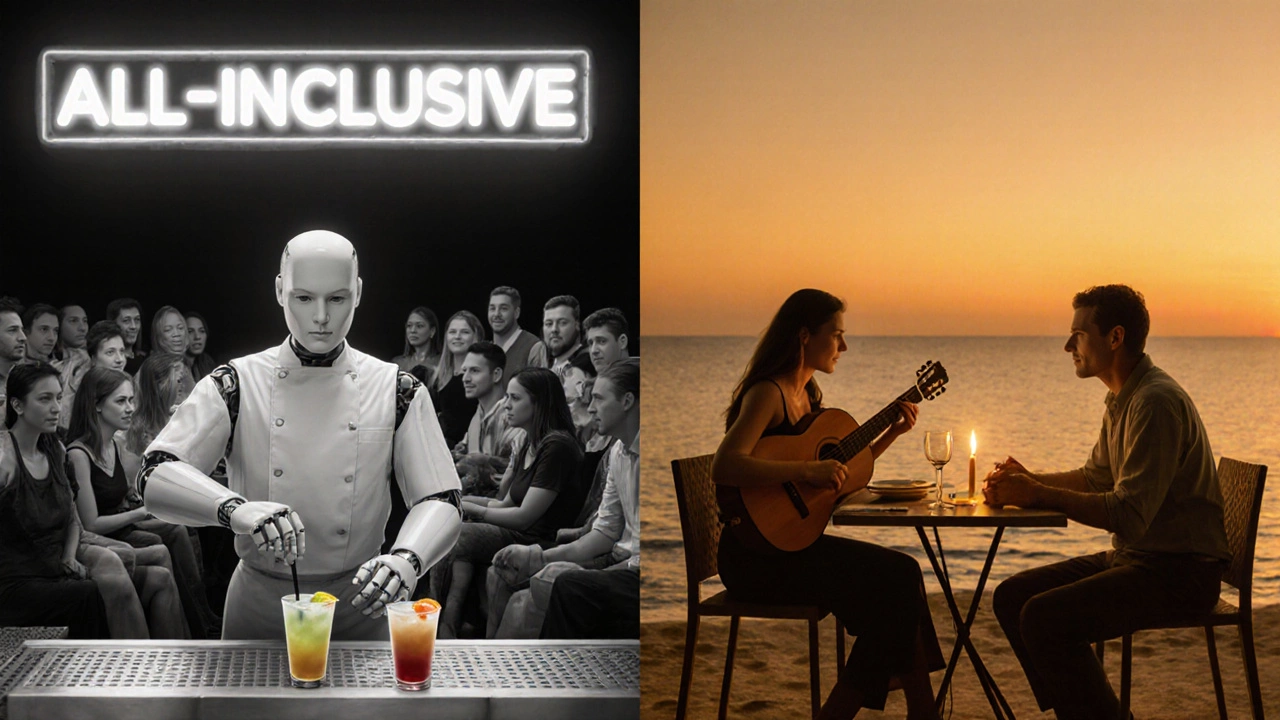 Split scene: robotic resort service on left, intimate local dinner on right, symbolizing vacation trade-offs.
