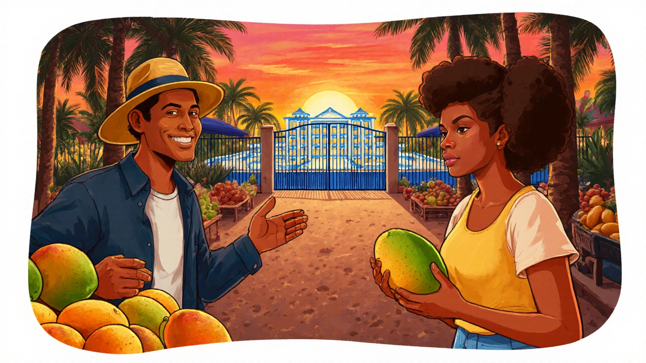Traveler buying a fresh mango from a local market vendor, distant all-inclusive resort visible behind.