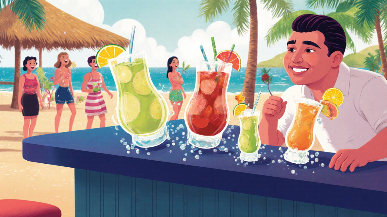 Whimsical bar scene with floating cocktails and a calm bartender, no drink limits in sight.