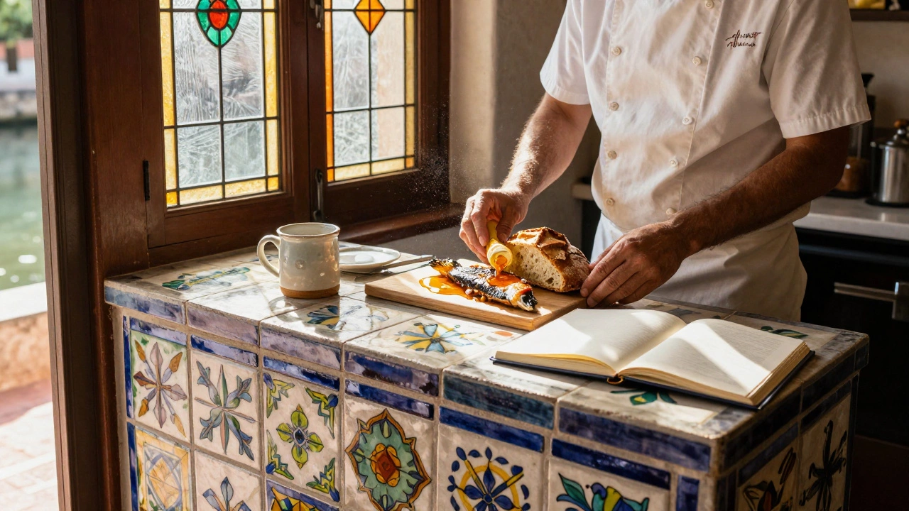 A breakfast table with local food, hand-painted tiles, and natural light in a small boutique hotel.