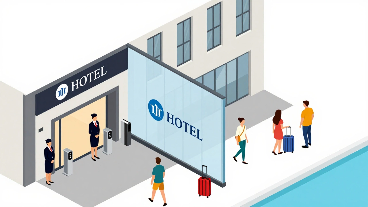 A corporate hotel wing separated from a public hotel by a glass wall with branded signage.