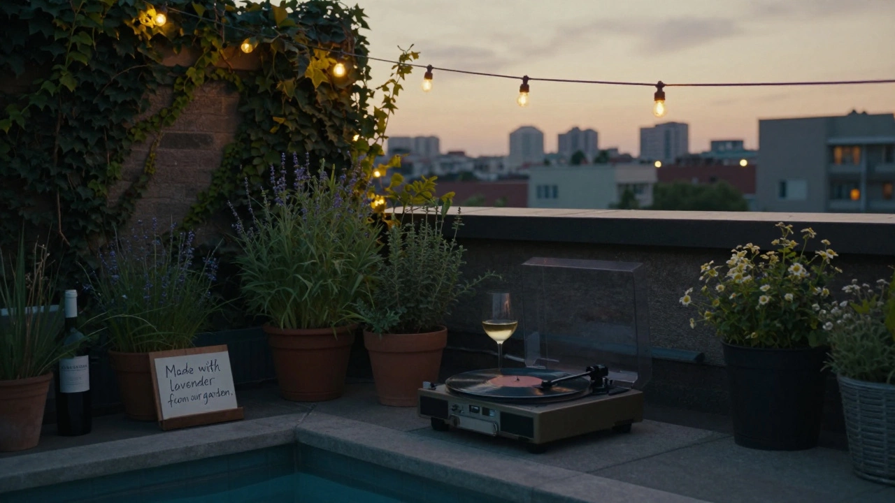 A rooftop garden at sunset with a record player, wine, and string lights overlooking a city skyline.