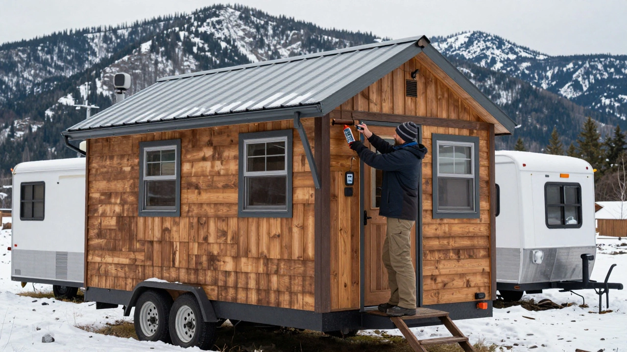 An 25-year-old tiny house in snowy mountains with homeowner inspecting roof seams, symbolizing long-term maintenance.