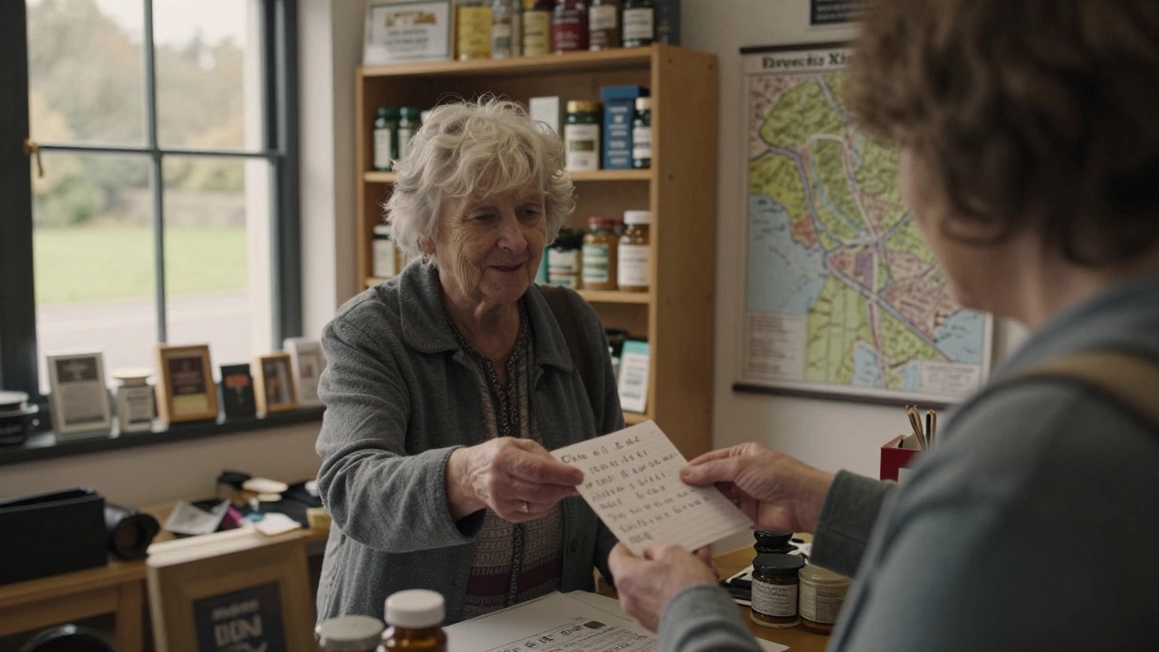An elderly woman in a Welsh post office giving a traveler a handwritten cottage rental number.