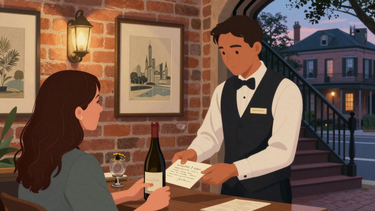 Concierge handing a guest a note and local wine in a historic mansion lobby at dusk.