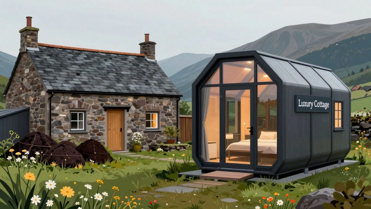 Contrast between a historic cottage and a modern glass pod, both marketed as rural getaways.