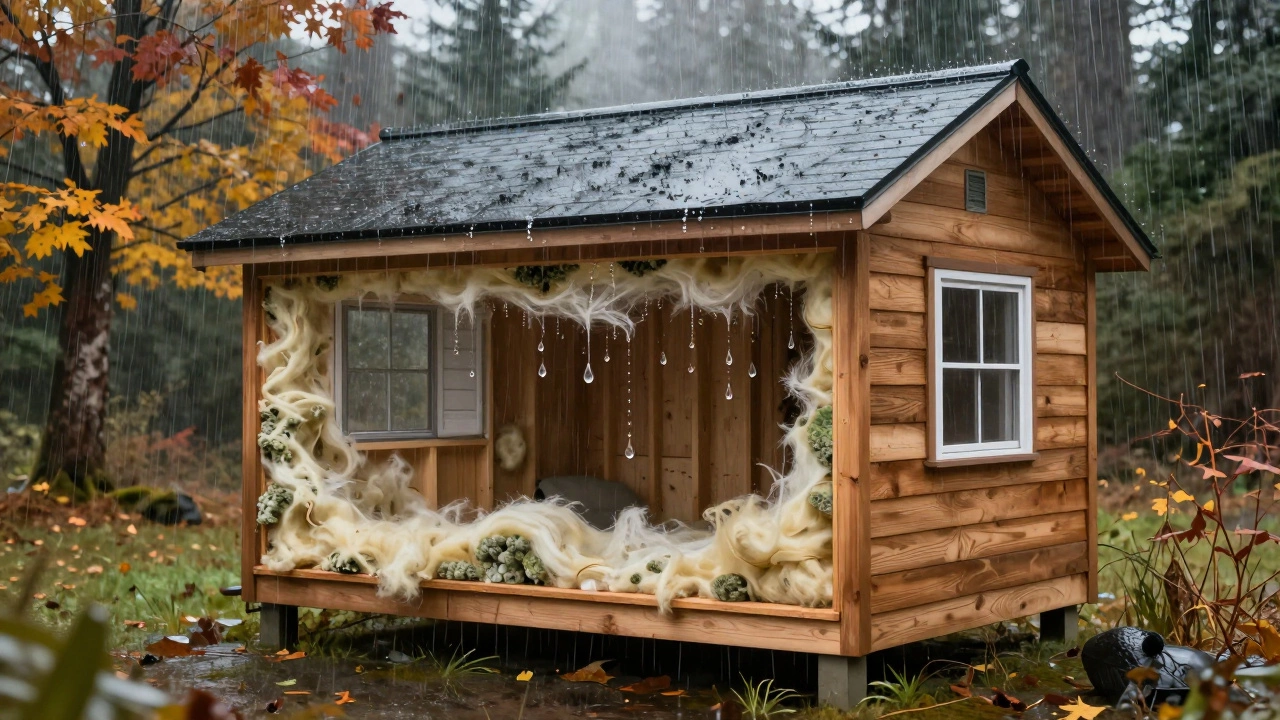 Cutaway view of a damp Pacific Northwest tiny house showing mold, sagging insulation, and leaking roof.
