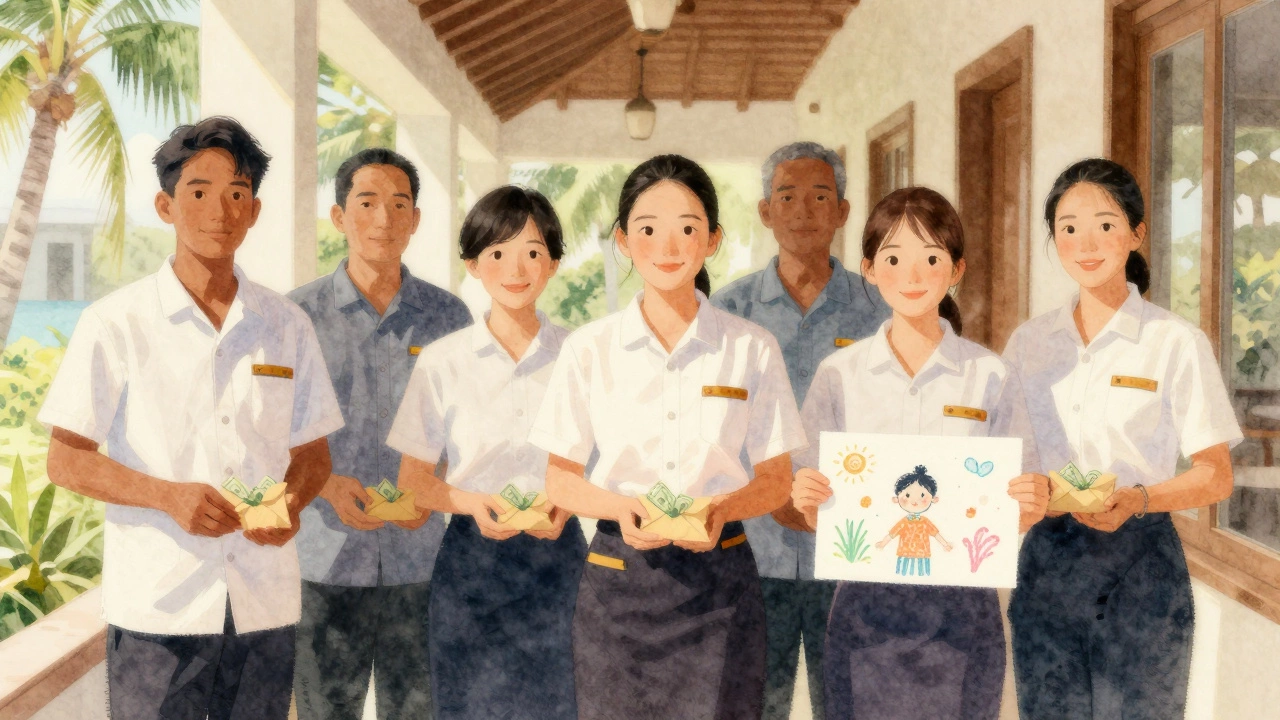 Housekeeping staff in uniform holding cash tips, smiling in a resort hallway.