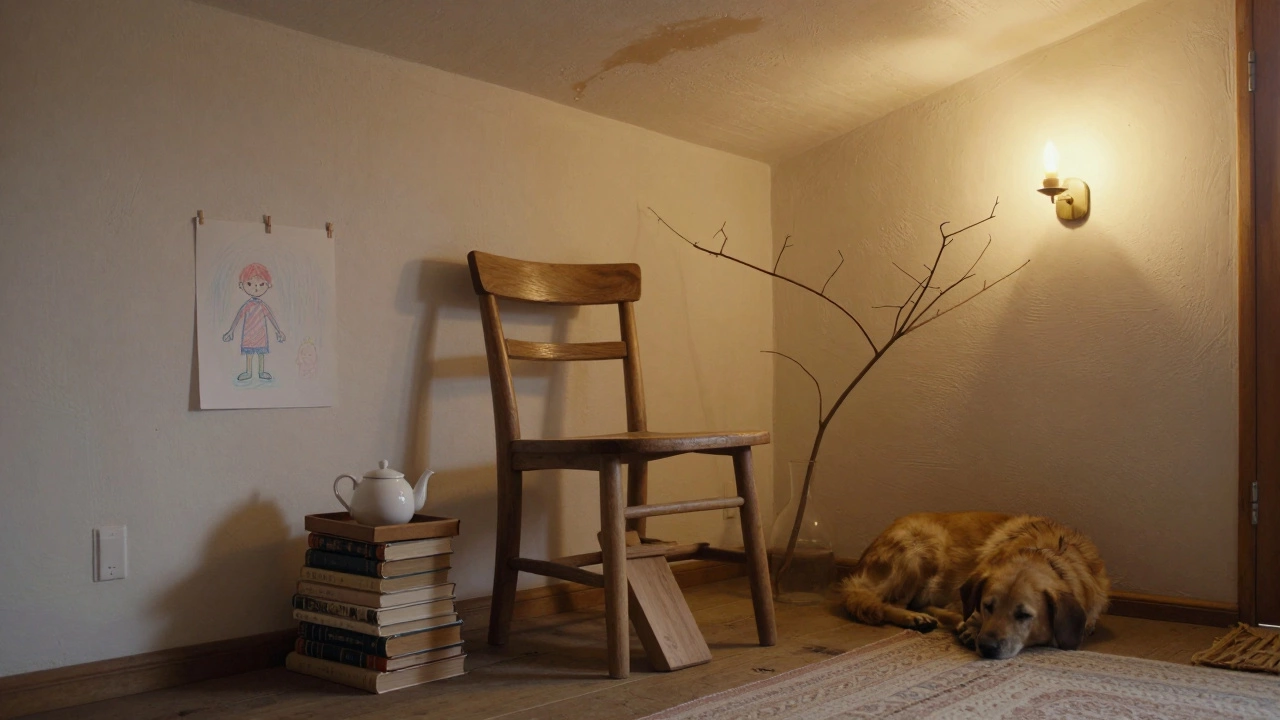 Imperfect cottage corner with wobbly chair, old books, child&#039;s drawing, sleeping dog, and warm candlelight.