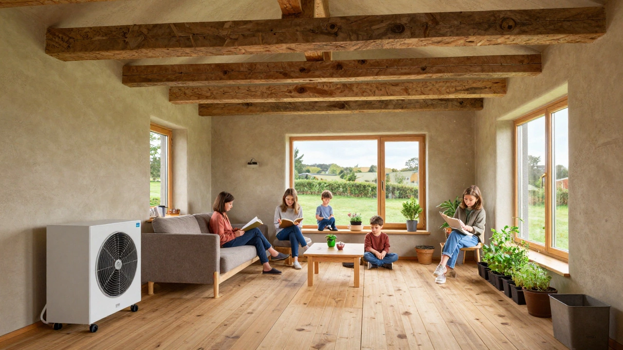 Interior of a sustainable home with timber beams, hempcrete walls, and natural light illuminating a cozy living space.
