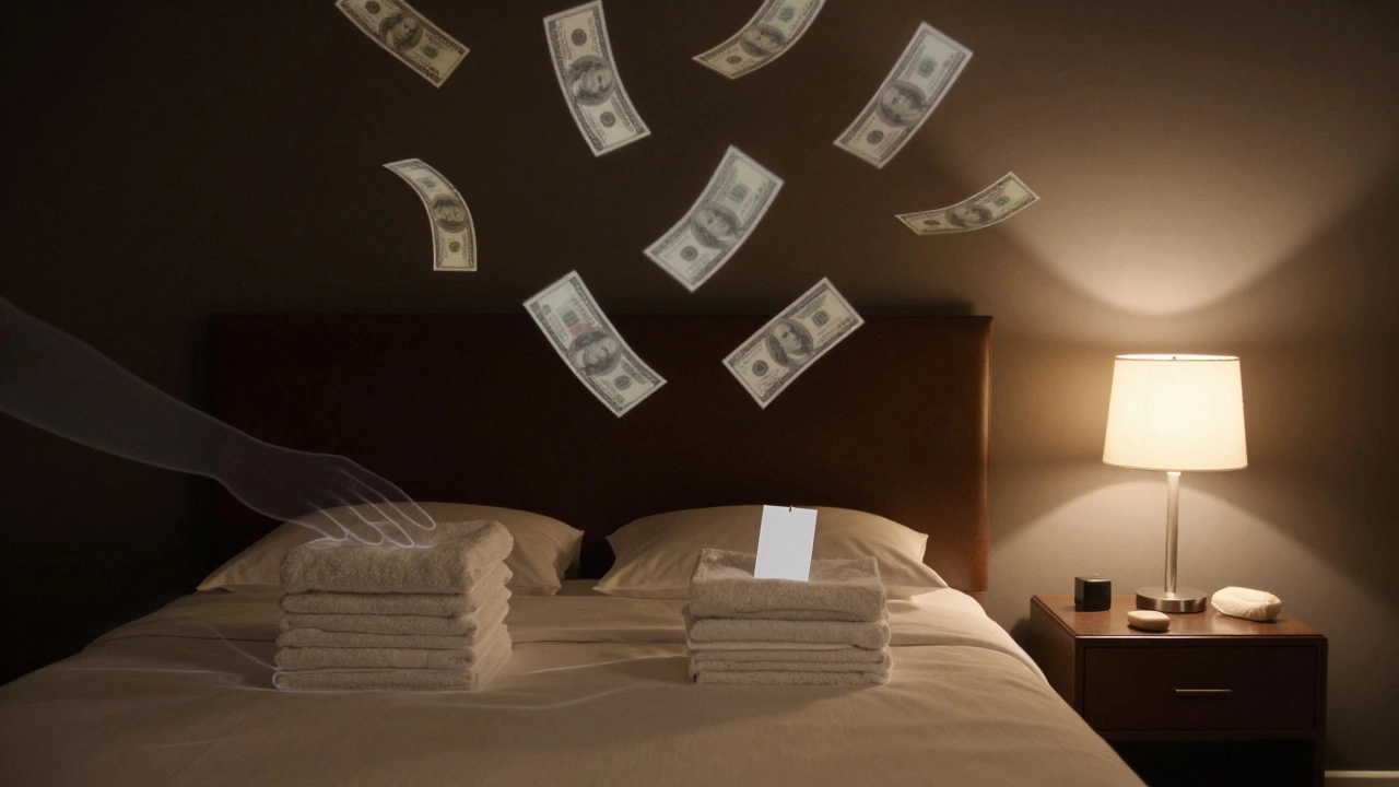 Invisible hands leaving gifts in a hotel room as dollar bills float downward.