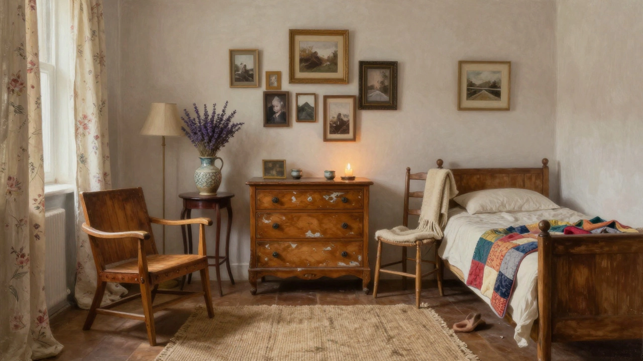 Living room with mismatched wooden furniture, wool blanket, patchwork quilt, and dried lavender in a ceramic jug.
