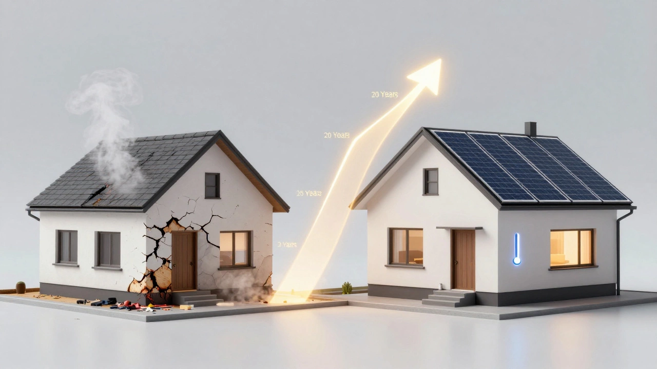 Side-by-side comparison of a leaky conventional house and an energy-efficient sustainable home with rising savings graph.
