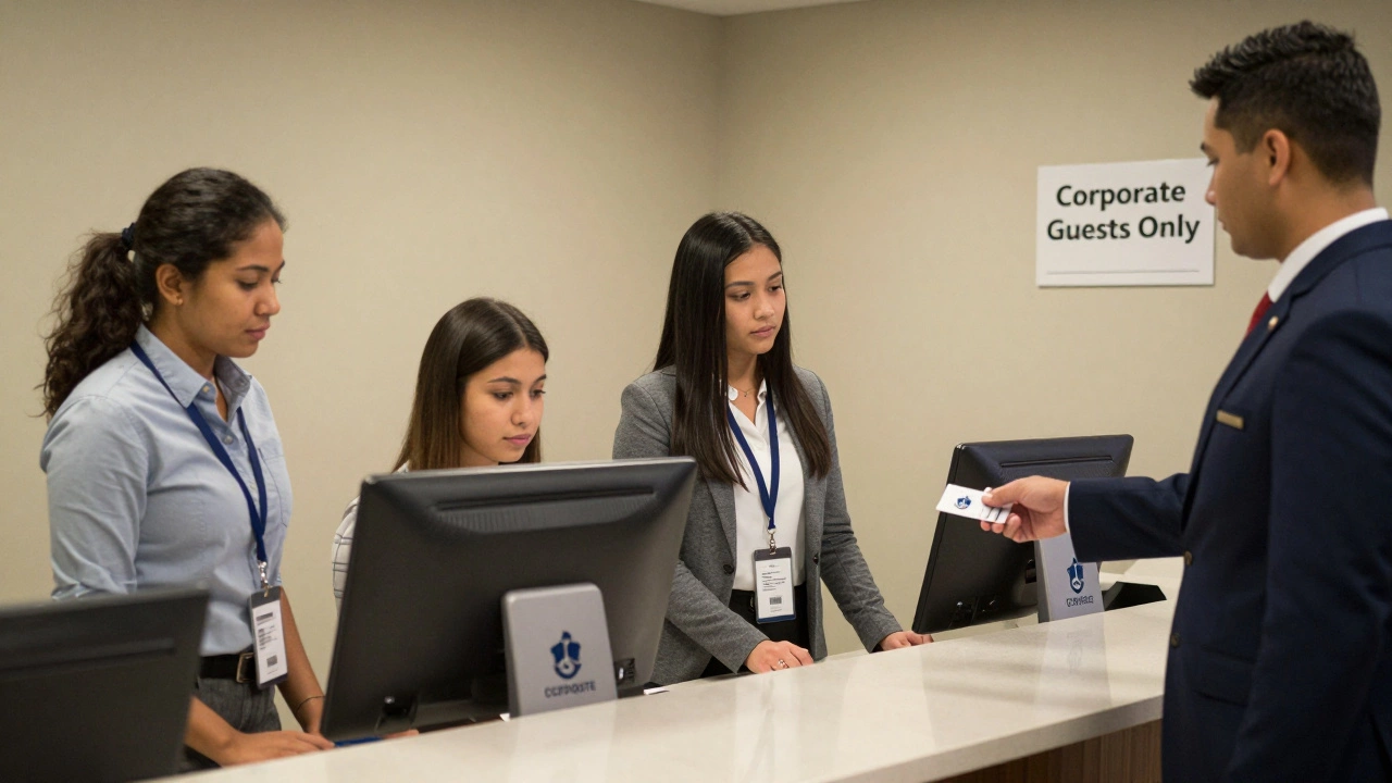 Three business travelers checking in at a corporate hotel kiosk with ID badges and keycards.