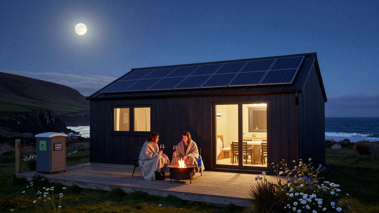 A couple enjoys a moonlit firepit at a cliffside glamping site under a starry sky.