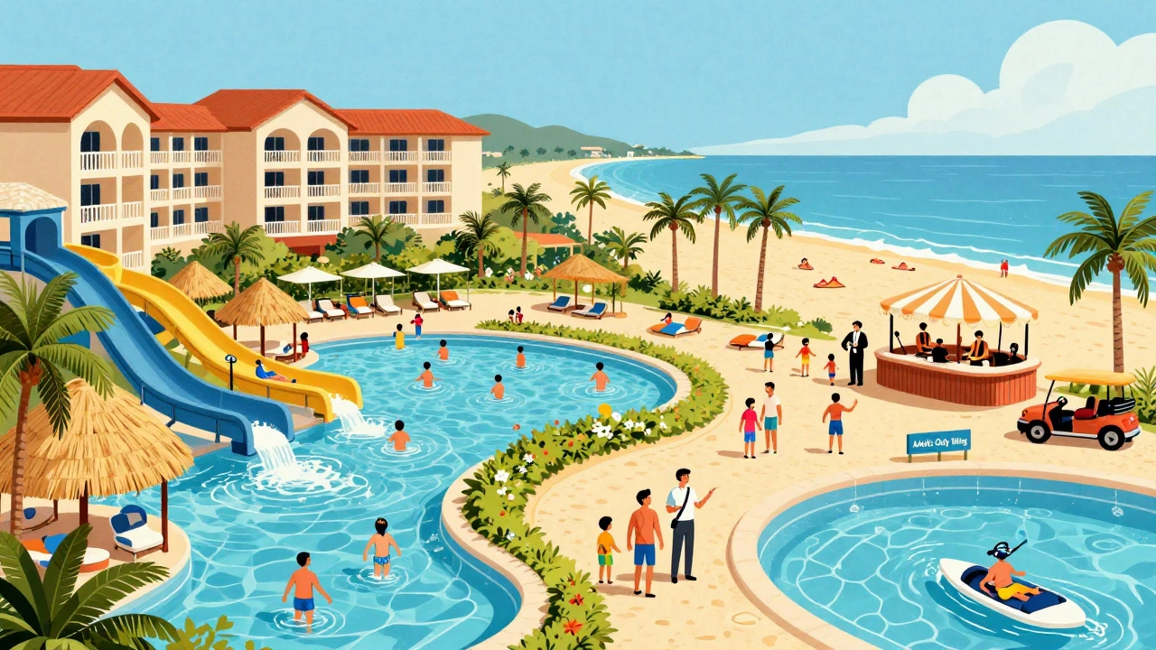 A large all-inclusive beach resort with multiple pools, cabanas, and guests enjoying water slides and live music under palm trees.