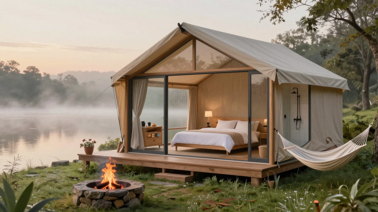A serene glamping cottage by a lake at sunrise, with bed and bathroom overlooking the water.