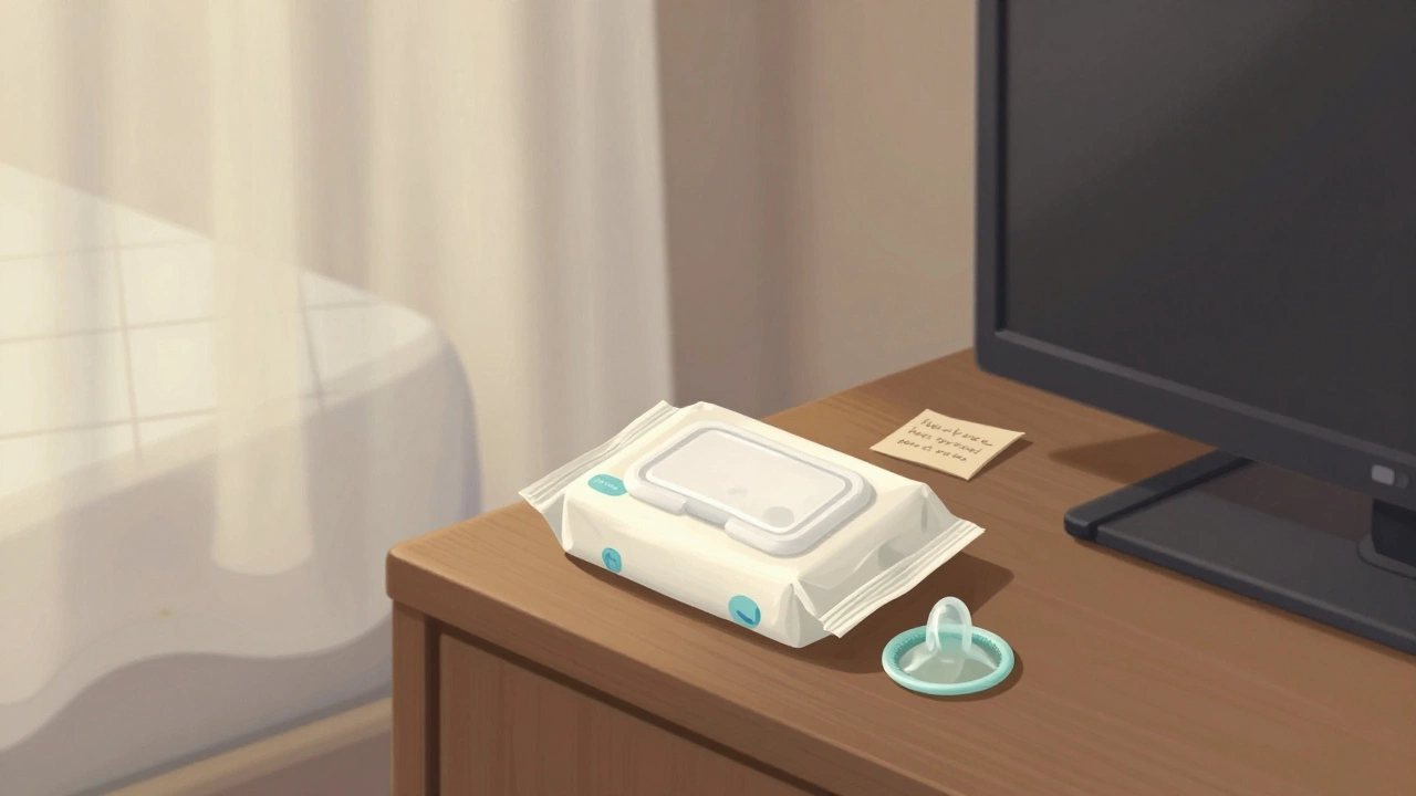 Baby wipes and condom on nightstand beside turned-off TV, curtains drawn for privacy.