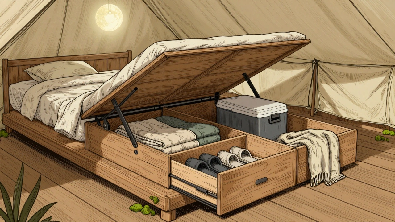 Elevated glamping bed with hidden storage drawers containing blankets and snacks, illuminated by moonlight.