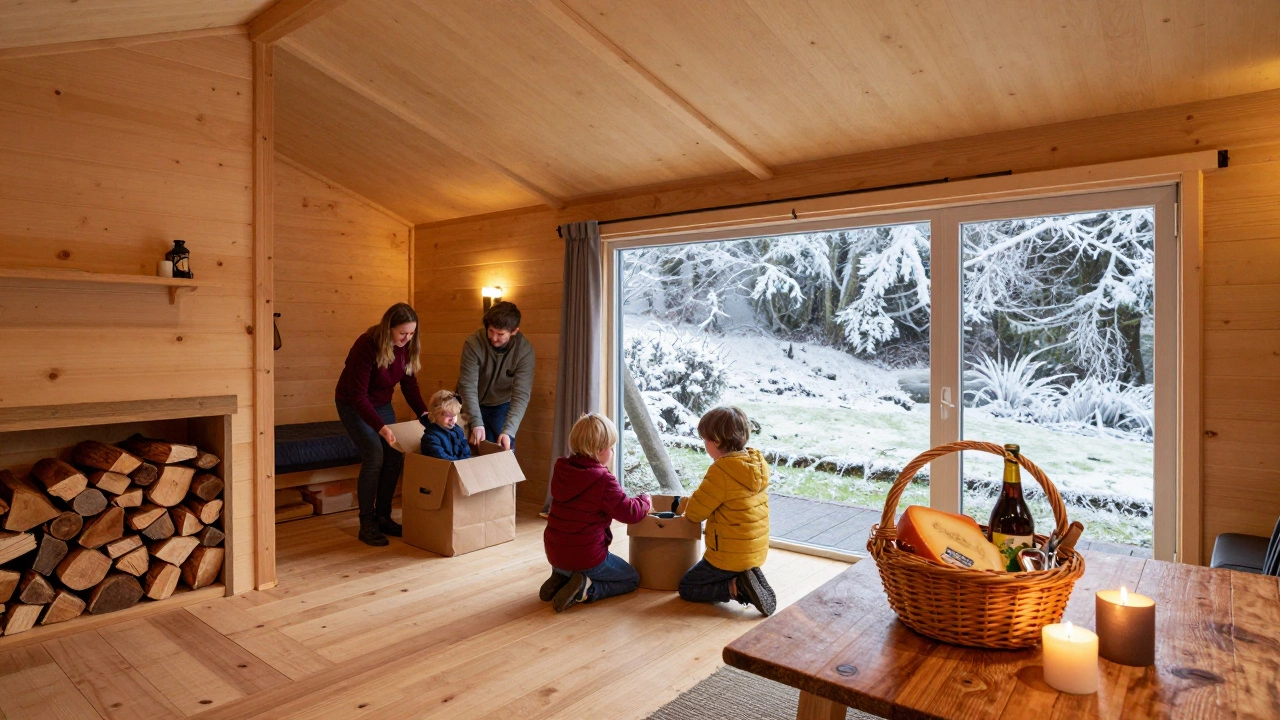 Family unpacking in a winter glamping cabin in Galway with firewood, warm lights, and a welcome basket on table.