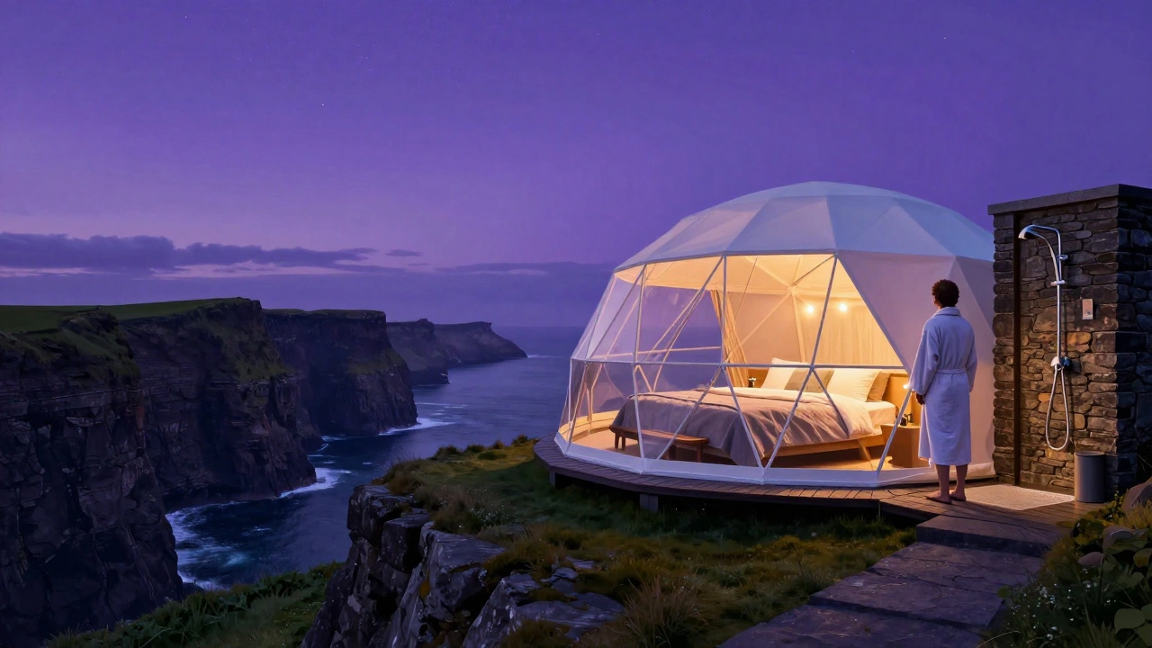 Luxury designer dome glamping site on a cliff overlooking the Cliffs of Moher at twilight with starry sky view.