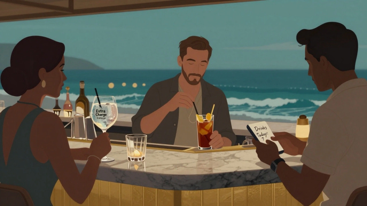Luxury resort bar scene with guest checking drink count on phone while others enjoy premium and included drinks.