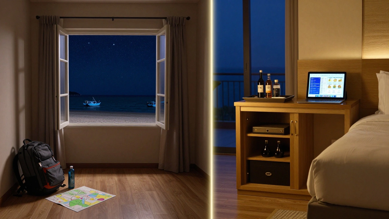 Split image: quiet hotel room with travel map on left, luxurious resort suite with activity schedule on right, symbolizing two vacation styles.