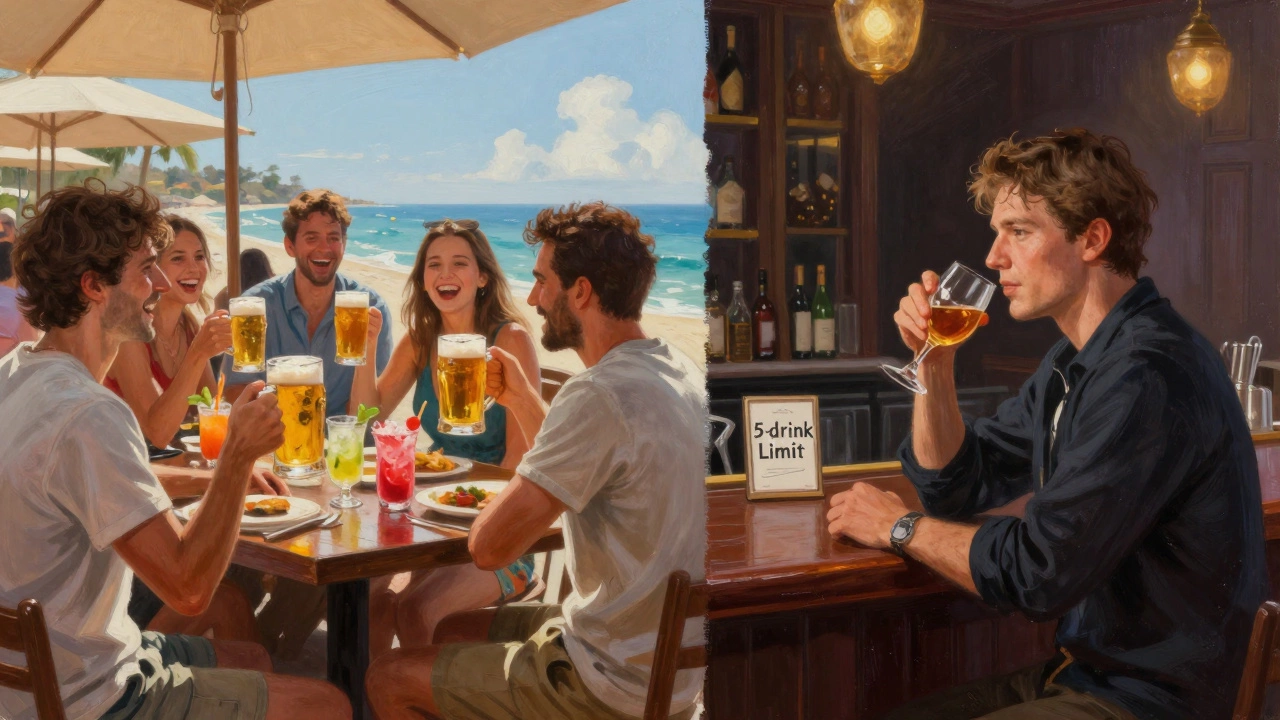 Split scene contrasting busy budget resort bar with unlimited drinks and quiet luxury bar with strict drink limit.