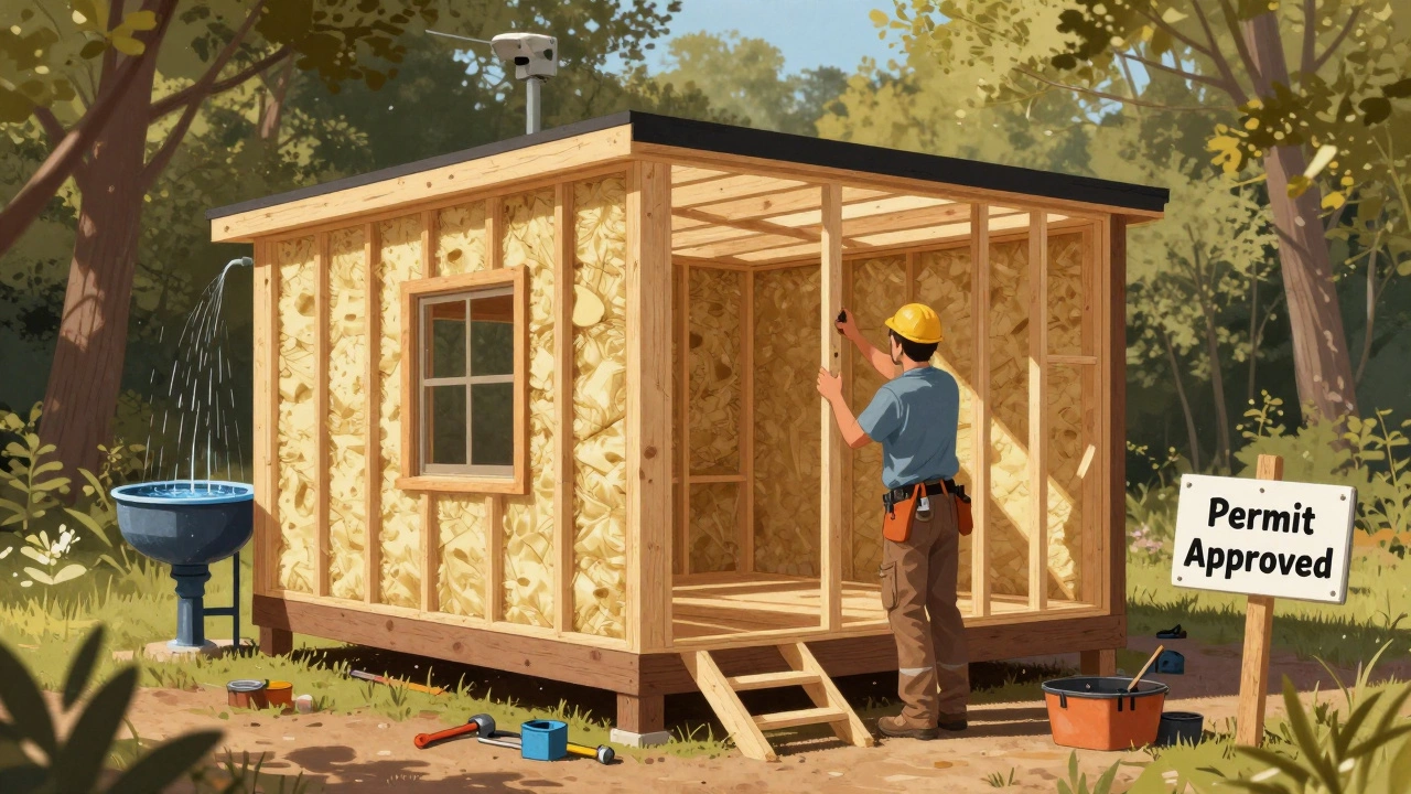 A DIY builder constructing a sustainable cottage using reclaimed wood and rainwater systems in Missouri.
