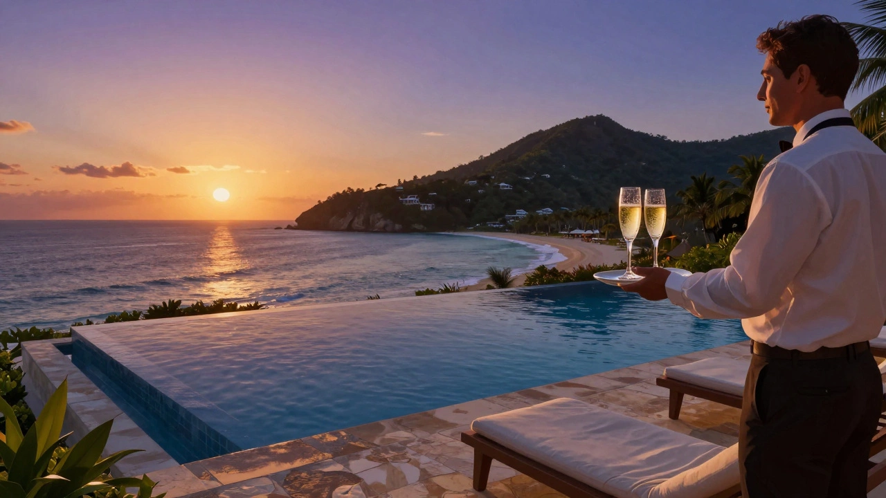 A luxurious adults-only resort terrace with infinity pool and sunset views in Jamaica.