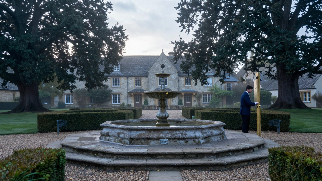 A quiet courtyard at dawn with a restored fountain, worn stone steps, and mist over cobblestones.