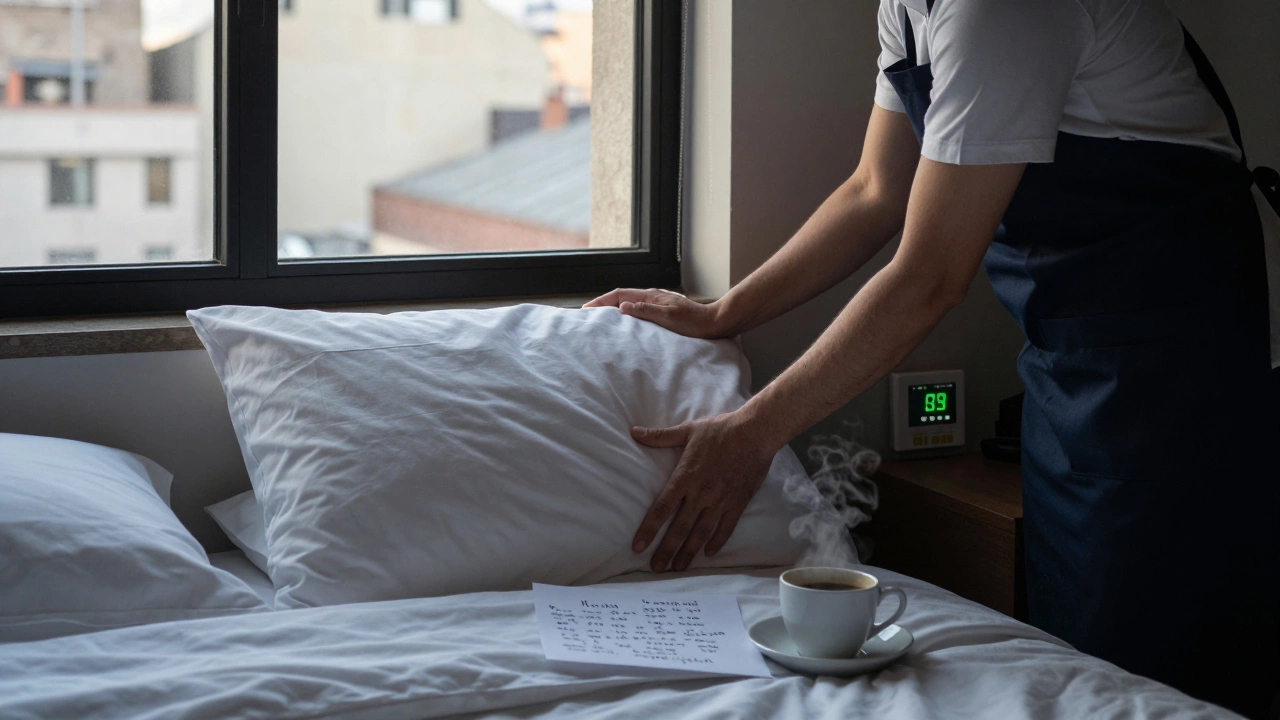 A quiet hotel room at dawn with a handwritten note and coffee beside a guest's bed.