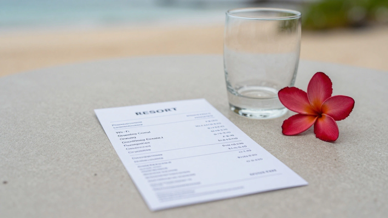 A resort bill showing hidden fees like premium drinks and excursions on a beach table.