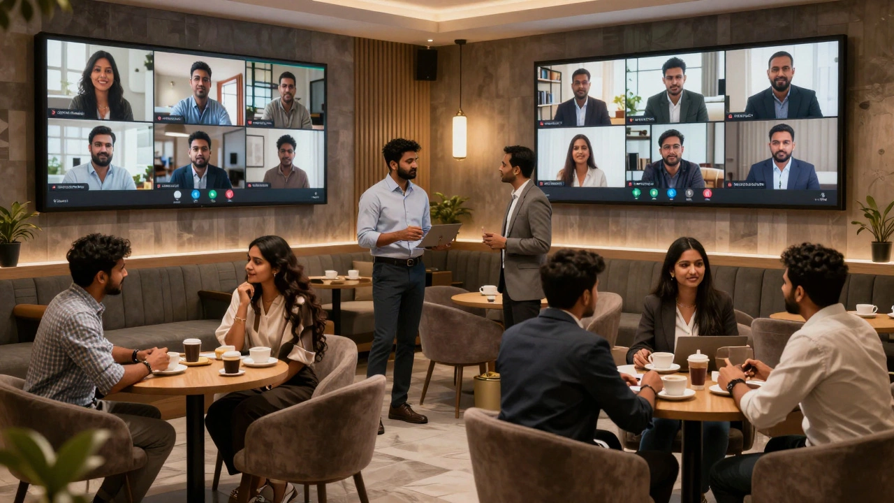 Indian fintech professionals networking in Mumbai hotel lounge with video conferencing.