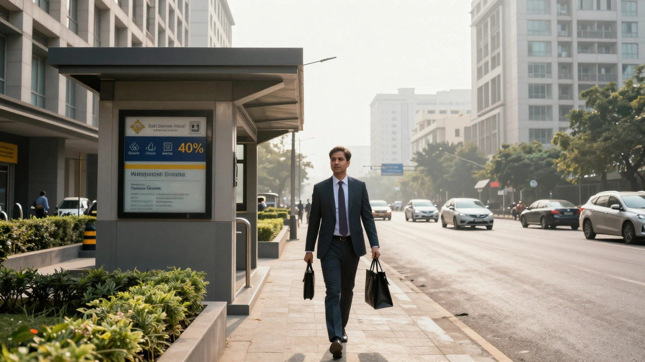 Professional walking from Delhi business hotel to metro station near financial district.