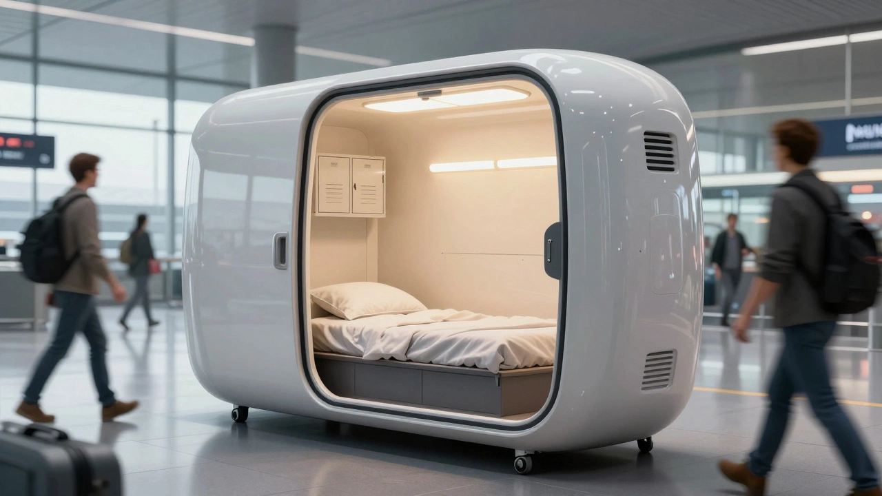 Traveler sleeping in a soundproof sleep capsule at Munich Airport with personal lighting and locker.
