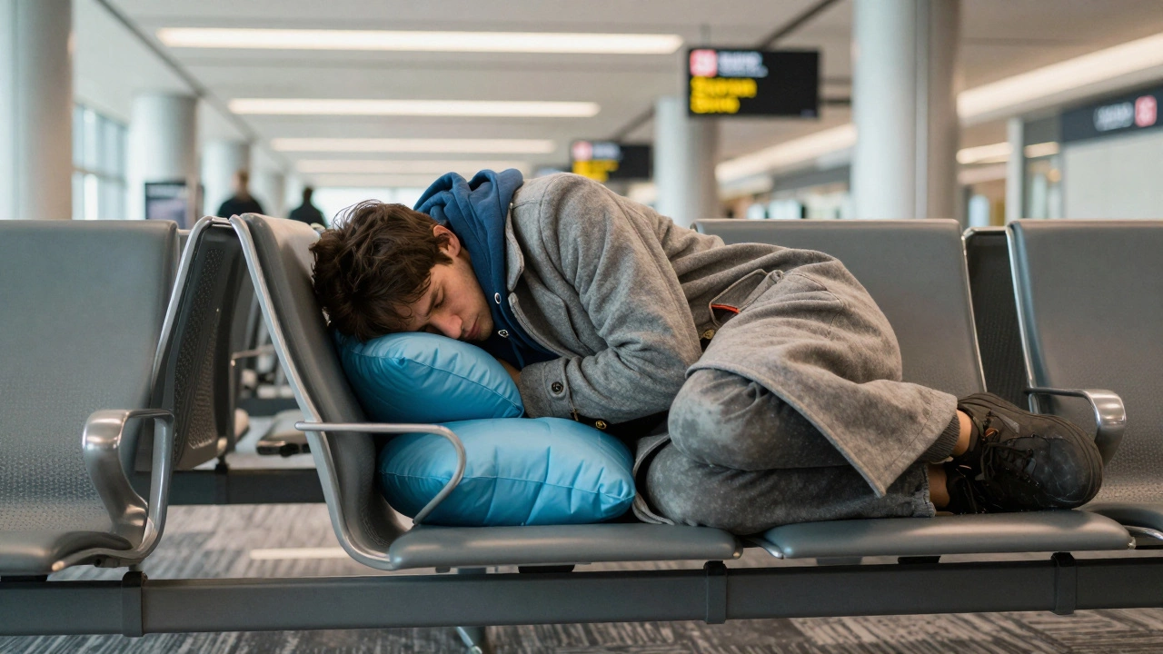 Traveler sleeping on hard airport seat with inflatable pillow and coat as blanket.