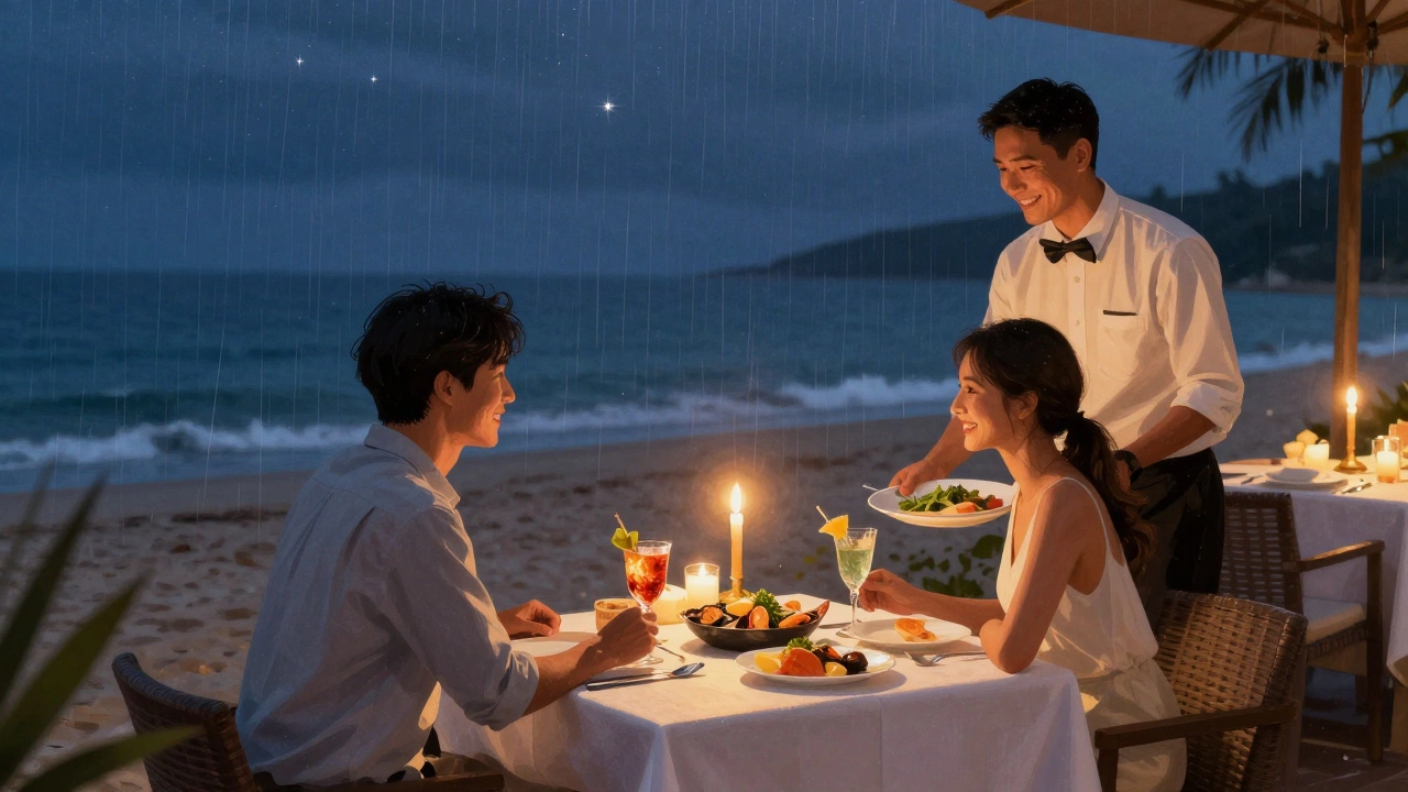 A couple dining under stars at a resort restaurant as light rain begins to fall.