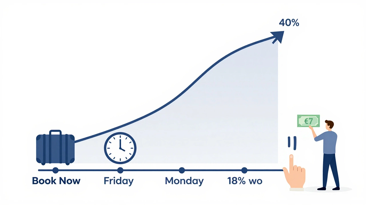 A graph showing hotel prices peaking on Friday and Saturday, then dropping sharply on Monday with booking icons.