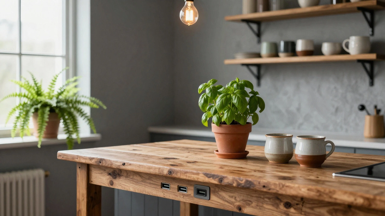 A kitchen with a reclaimed wood island, mismatched pottery mugs, and a thriving basil plant by a sunlit window.