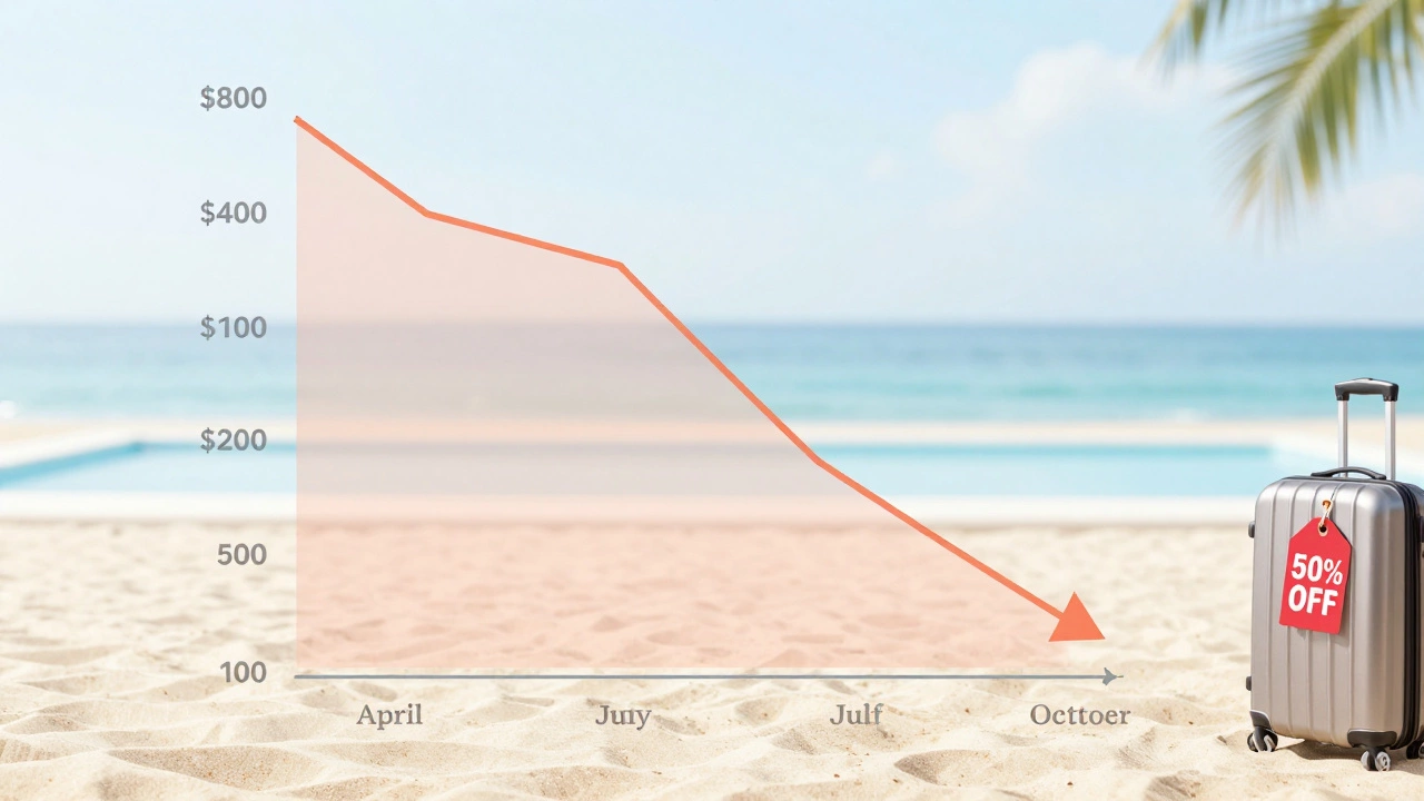 A price graph showing off-season discounts with icons of a beach, pool, and suitcase.