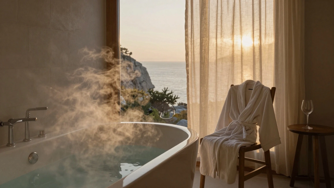 A serene guest room with a steaming bath, robe, and wine glass, bathed in soft morning light.